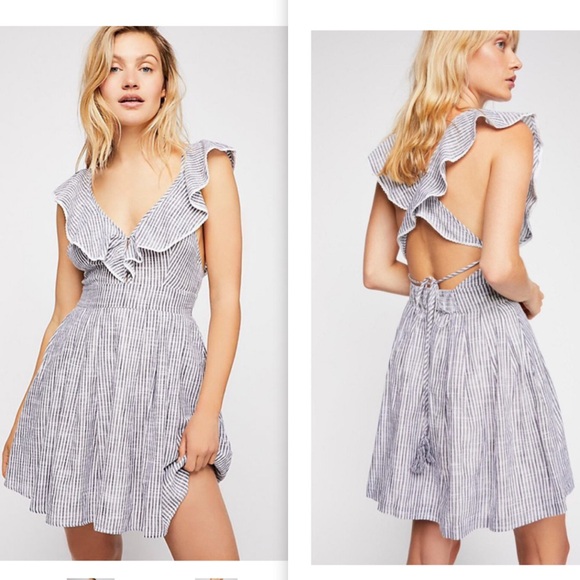 Free People Dresses & Skirts - 👗NWT👗 FREE PEOPLE Heartlines Open Tie Back Mini Dress Light Blue/ White